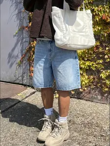 American Vintage Light Blue Denim Shorts, Casual Fitted Minimalist Style, Drawstring Waist, Pockets, Short Length, Men's Fashion Pants, Aesthetic, Bottom