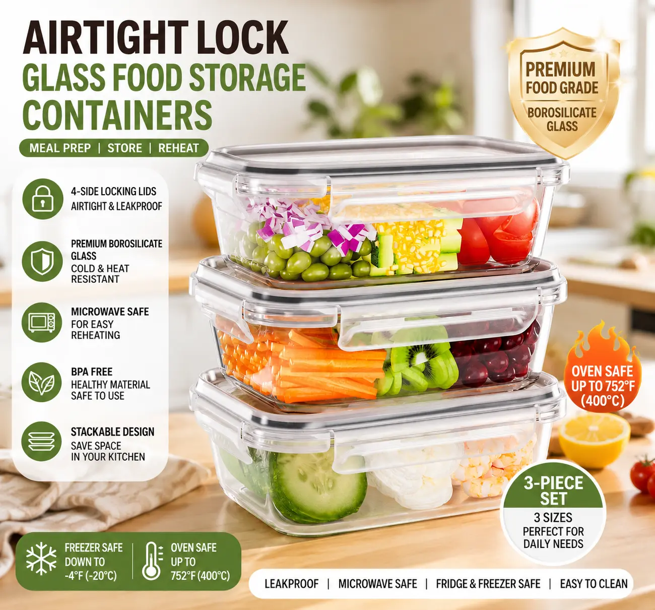 TUSEASY 3-Pack 35oz Borosilicate Glass Food Storage Containers with Airtight, BPA-Free, Leakproof, Stackable Lids – Microwave, Oven, Dishwasher Compatible Kitchen Preserving Containers