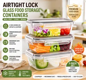 TUSEASY 3-Pack (35oz) Borosilicate Glass Food Storage Containers with BPA-Free Leakproof Lids, Kitchen Utensils Compatible with Microwave, Oven, Dishwasher, Three-Pack