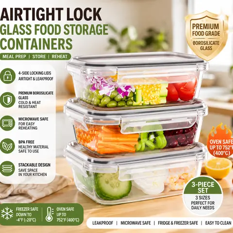 TUSEASY 3-Pack 35oz Borosilicate Glass Airtight Food Storage Canisters - BPA-Free, Anti-Leak Lids, Stackable Container & Lid Sets for Cold Lunch, Fridge Organization, Fitness Prep