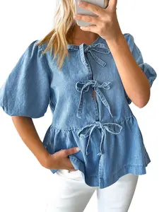 Tankaneo Womens Denim Tie Front Tops Babydoll Peplum Puff Sleeve Jean Shirts Crew Neck Summer Casual Bow Blouses Blue Womenswear