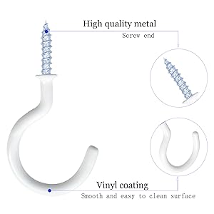 12 Pack White Vinyl Coated Ceiling Hooks, 1-1/4 Inch Screw-In Mug Cup Hooks, Multi-Purpose Wall Hooks for Indoor & Outdoor Use       Can these hooks hold heavy items?Do the hooks come with screws?Are the hooks easy to install?