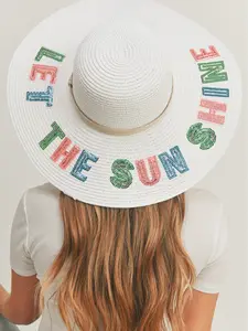 Women's THE SUNS SHINE Sequin Panama Fedora Paper Summer Wide Brim Sun Hat