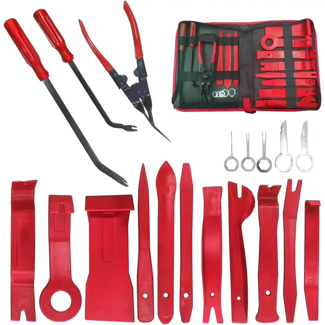 AUCELI 19pcs/Set Car Trim Removal Tools Kit - Professional Clip Plier, Vehicle Upholstery & Interior Disassembly Tools, Compact Set for Most Cars with Portable Red Bag, Portable Bag