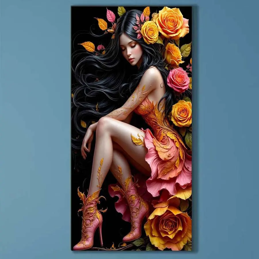 5D DIY Full Drill Round Diamond Painting - Diamond Painting Kit Rose Girl Mosaic Canvas DIY Wall Art, Home Wall Decor, Suitable for Halloween, Christmas, Birthday, and Anniversary Gifts