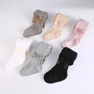 Girls Tights Ribbed Knit Cotton Pantyhose With Satin Bow Decor Reinforced Crotch Seamless Toe Comfortable Stretchy ankle sock