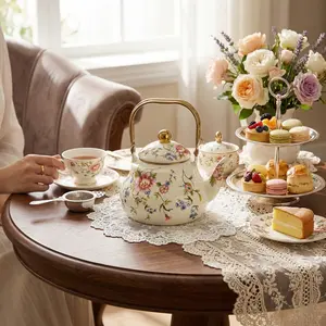 Roses Enamel Tea Pot with Handle, Handmade Coffee Pot for Afternoon Teas & Outdoor Gatherings, Cute Kitchen Tea Pot Gift