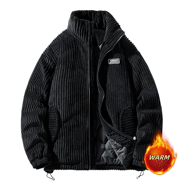 Men’s winter flannel cotton jacket – full-zip stand collar windproof thick jacket, suitable for winter commuting, outdoor leisure, everyday casual wear, and cold-weather outfits