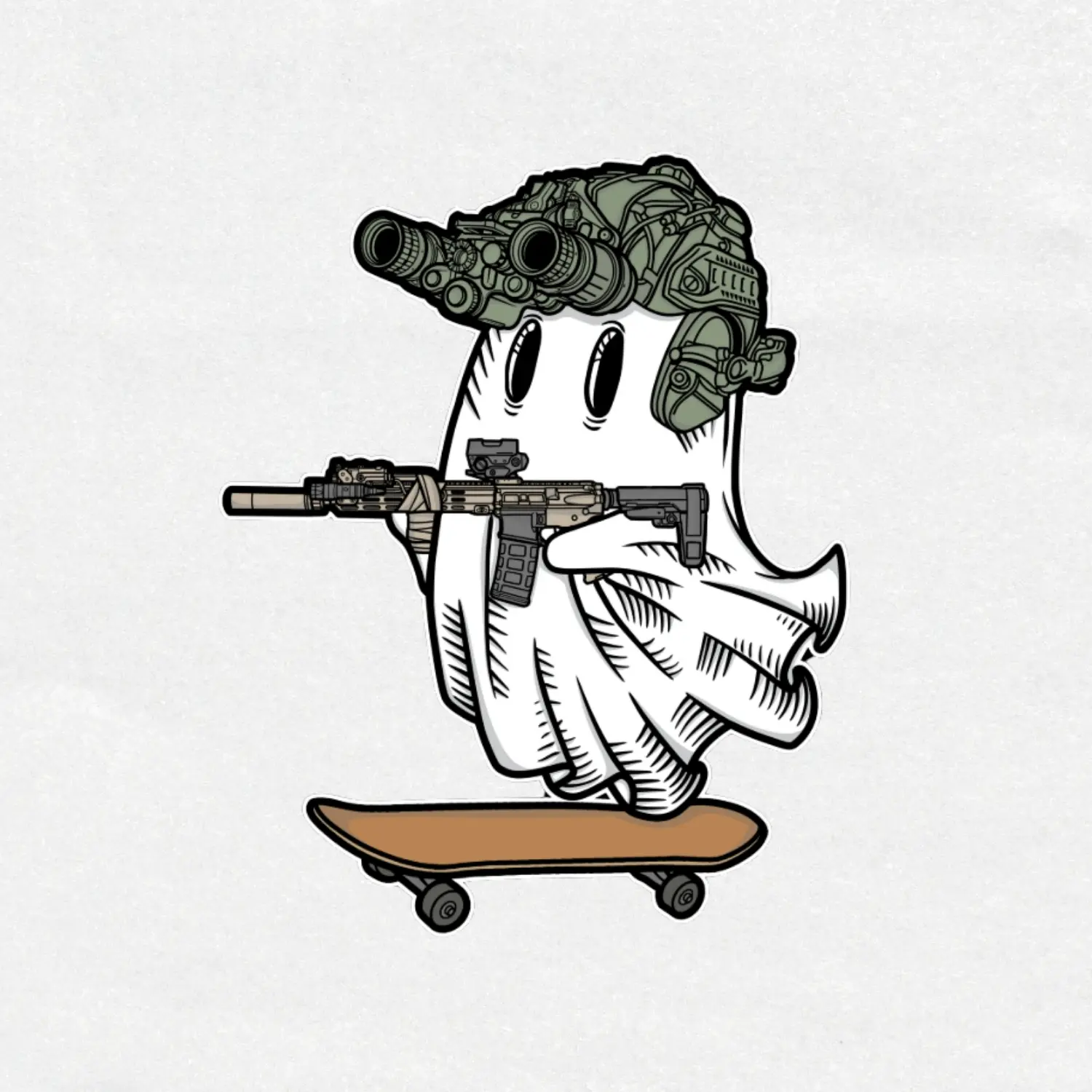 Tactical Ghost Skateboard Vinyl Sticker, NVG Helmet Phantom Decal, MK18 Rifle Ghost Sticker, Military Skateboarding Waterproof Vinyl Art
