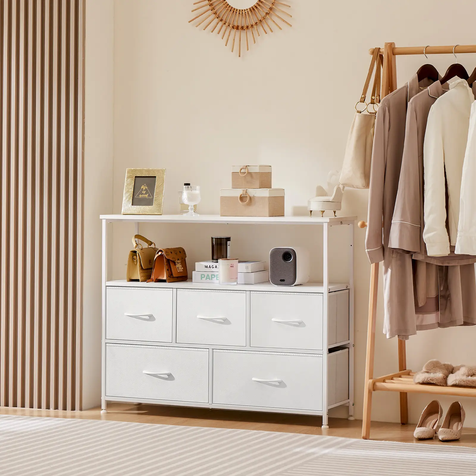 5-Drawer Fabric Storage Chest – Soft Fabric Material, Compact Design for Home Organization – Easy Access Drawers, Ideal for Clothes, Linens & Accessories