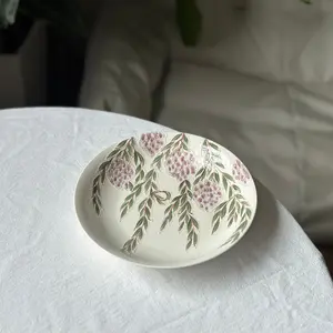 Handmade pottery plate with purple wistaria. Flower ceramic tableware. Birthday, wedding, festival gift.