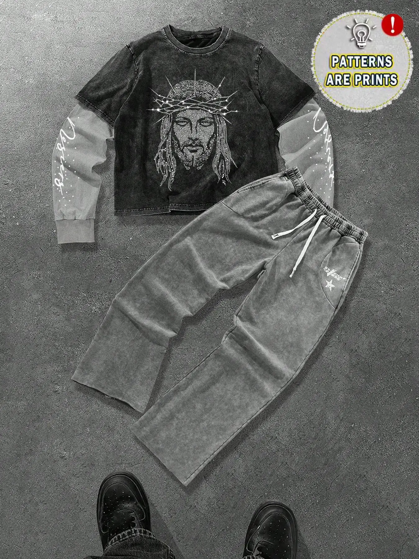 Men's Set, Vintage Style Jesus Print Cotton Two-Piece T-Shirt & Casual Slim Fit Sweatpants, Campus Streetwear Trendsetter Essential