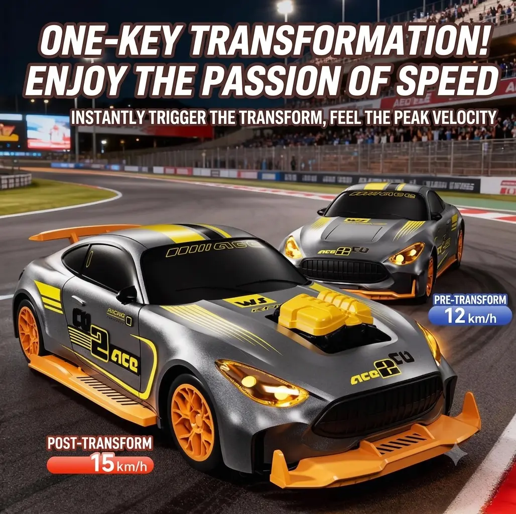 2-Speed Transforming RC Car, One-Key Transformation Remote Control Racing Car, 12-15 KM/H Speed Boost with LED Lights, High-Speed RC Toy Car for Kids