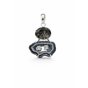 Black Rutilated Quartz Druzy Pendant
