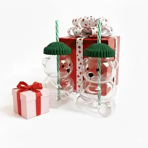 Viral Bear Shaped Glass Cup, Nostalgia oliday Collection Drinking Jar with Striped Straw and Beanie-Style Lid for Valentine’s Day