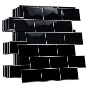 WALPLUS 20 Sheets Glossy Peel and Stick Kitchen Bathroom Backsplash Decorative Tile Stickers Stick on Subway Tile 12" x 6" Black Metro Subway Tiles