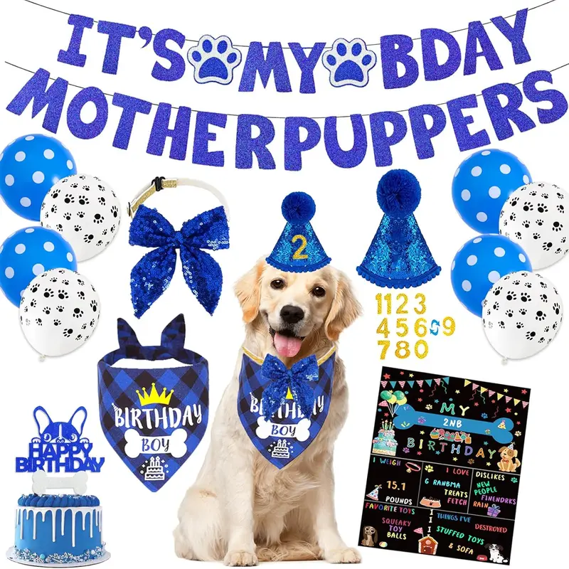Blue Dog Birthday Party Supplies Pet Birthday Bandanas Boy Doggy Birthdays Hat Bow Tie Greeting Card Numbers It's My Bday Mother Puppers Sign Banner for Medium Large Pets