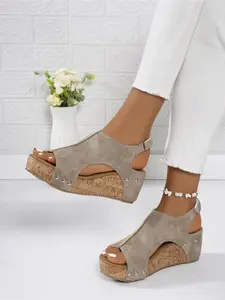 Women's Rivet Wedged Heels Wedge Sandals, Party Footwear, Wooden Texture Thick Sole Anti-Slip Open Toe High Heel Roman Shoes, New Arrival 2026