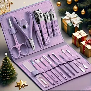 Violet Nail Clippers Set 16-Piece Stainless Steel Manicure Pedicure Kit with Portable Travel Case, Durable Sharp Tools for Fingernail & Toenail Care - Perfect Valentine's Day Gift for Wife, Girlfriend, Cute Girl
