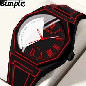 Quartz Watches for Men -1pc Modern Cartoon Minimalist Unisex Mens Watch, Silicone Strap, Black & White Dial with Geometric Patterns, Casual Watches for Men & Women, Special Occasions, Everyday Timepiece - Christmas, Halloween Gift, Reloj Para Hombre.