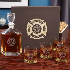Engraved Liquor Decanter Set for Firefighters - Fire & Rescue Whiskey Decanter and Rocks Glasses