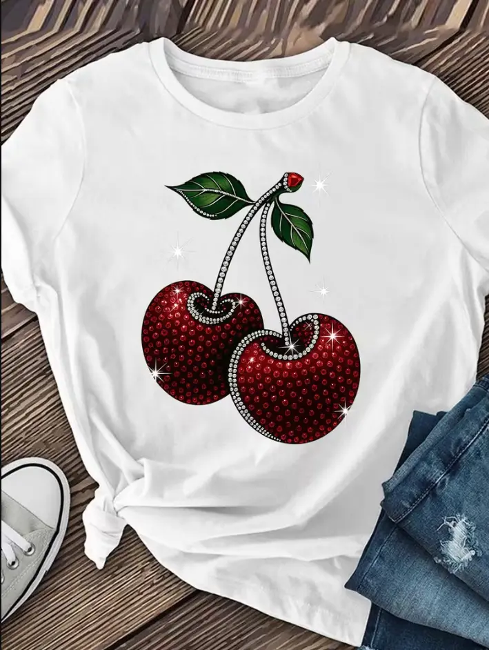 2D print Shiny Cherry Print Women's Short-sleeved Shirts, Casual Short-sleeved T-shirts, Summer Women's Clothing, Casual Short-sleeved T-shirts
