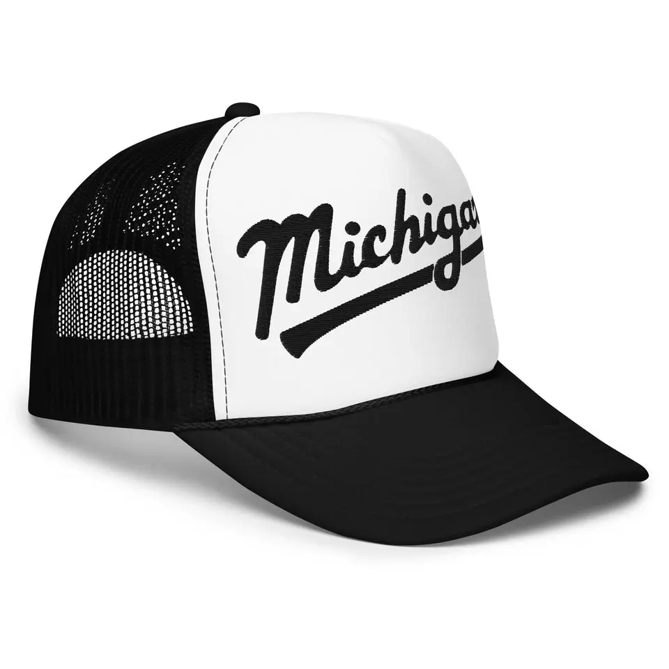 Michigan Script Embroidered Foam Trucker Hat - Black and White