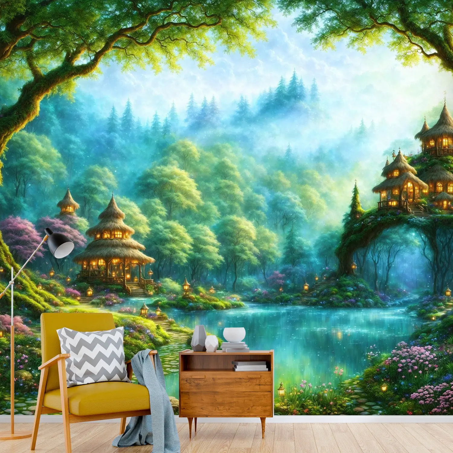 Fairy Forest Houses, Removable Mural, Enchanted Forest Mural, Nursery Decor, Remove Wallpaper Nursery, Custom Wallpaper Mural