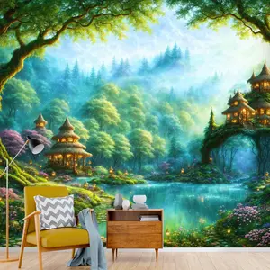 Fairy Forest Houses, Removable Mural, Enchanted Forest Mural, Nursery Decor, Remove Wallpaper Nursery, Custom Wallpaper Mural