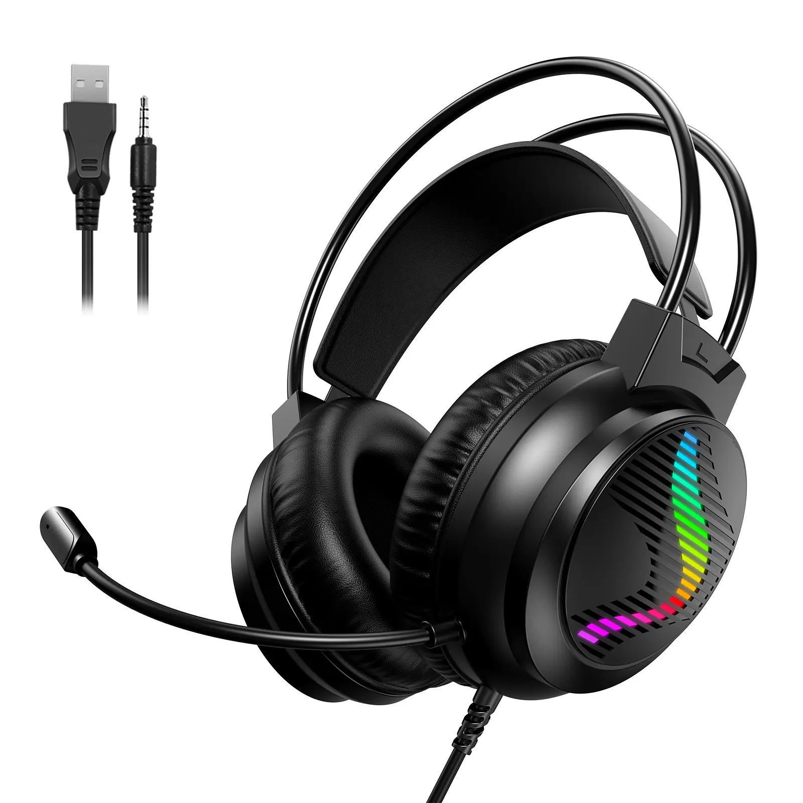Wired RGB Gaming Headset with Noise‑Cancelling Mic, 7.1 Surround Sound Over‑Ear Headphones, 50MM Drivers, LED Light, Lightweight & Soft Memory Earmuffs, 3.5mm & USB Dual Connectivity for PC, PS4, PS5, Xbox One, Switch, Black