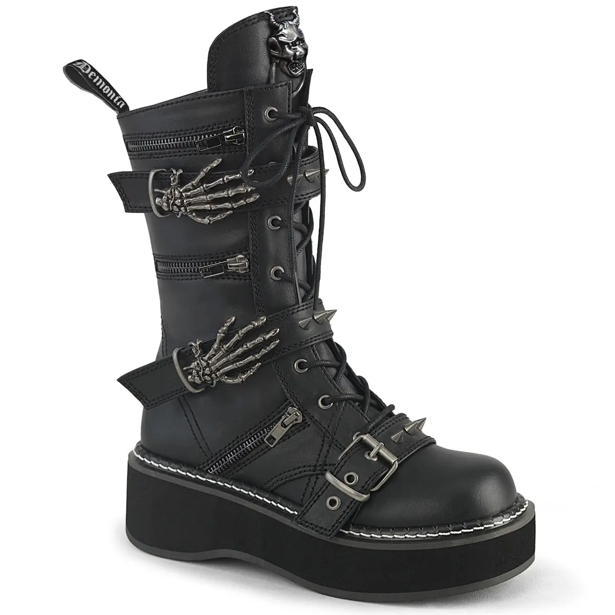 Demonia Emily-82 Black Platform Boot with Lace Detail and Buckle, Comfortable Design for Women Demonia Emily-82 Black Platform Boot with Lace Detail and Buckle, Comfortable Design for Women