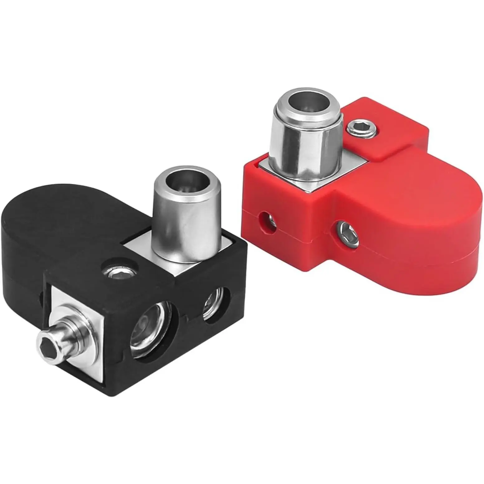 Forged Brass Power Split Battery Terminals with Silicone Adaptor Collars, 1X0/2/4 Gauge & 1X4/8 Gauge Outputs, Top-Side Mount Power Ring Provision, OEM-Ready Post Adapter, Insulation And Protection
