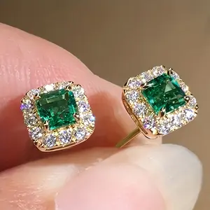 Elegant Square-Cut Green & Clear Synthetic Gemstone Stud Earrings for Women – Nickel-Free Copper, Ideal for Daily Wear, Parties & Special Occasions