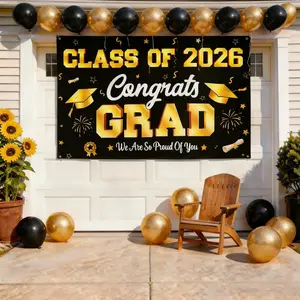 Class of 2026 Graduation Banner, Black Gold Congrats Grad Backdrop, 70 x 47 Inch Graduation Photo Booth Decorations