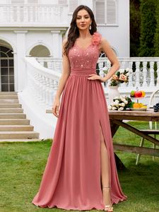 Miusol 24451A Women's Elegant Glitter Sequin Lace Chiffon Formal Dress - Sleeveless, Deep V-Neck, Ruched, Thigh Split, Well-Fit Prom & Wedding Guest Dress for Spring/Summer Events, Prom Dress, Wedding Guest Dresses