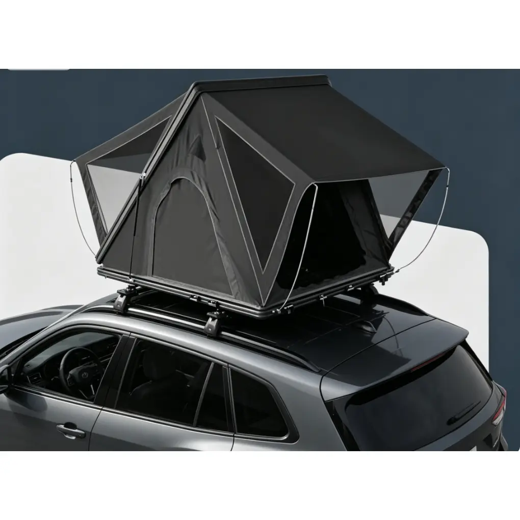 280G Poly-Cotton PU + Aluminum Alloy Double Slot 4-Pole Triangle Rooftop Tent – Black, 221x141x23cm, 79kg (174.17 lbs)