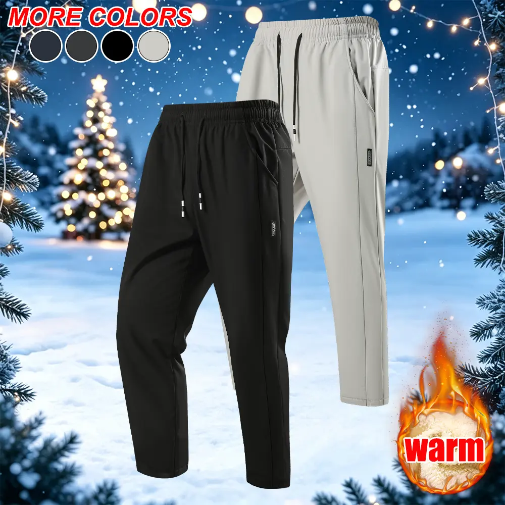 2 pairs of men’s autumn/winter fleece-lined casual pants, loose straight-leg solid-color long trousers with an adjustable drawstring waistband and a soft, warm lining, suitable for mountaineering, hiking, fishing, running, commuting, and more.