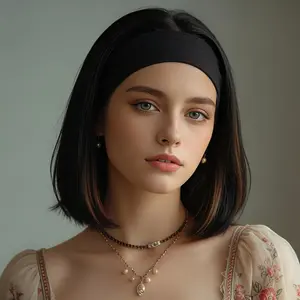 Headband Wig with Highlight Stripe, Short Straight Synthetic Hair for Women - Instant Wear, Ready to Go, Classic Color for Daily Use, Travel, Wedding, Valentine's Day & Easter Occasions tinsel  wig  women Brunette Breathable Wavy