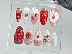 Dreamy Pink Press On Nails | Nail Set With Strawberry Design Fake nails| Adorable 3D Cream Nail Art | Nail Charms | Pink press ons
