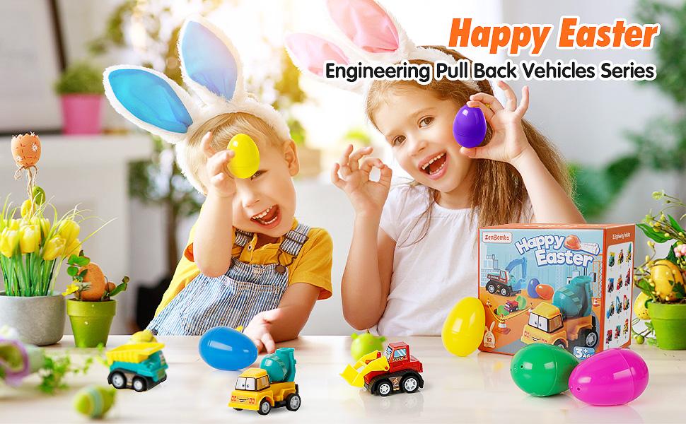 12 Plastic Easter Eggs Filled with Pull-Back Engineering Toys Gift for Easter Egg Hunt, Birthday Party for Kids Over 3 Years Old