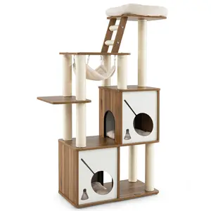 COSTWAY - 57 Inch Cat Tree Tower Multi-Level Activity Center with Scratching Posts-Natural