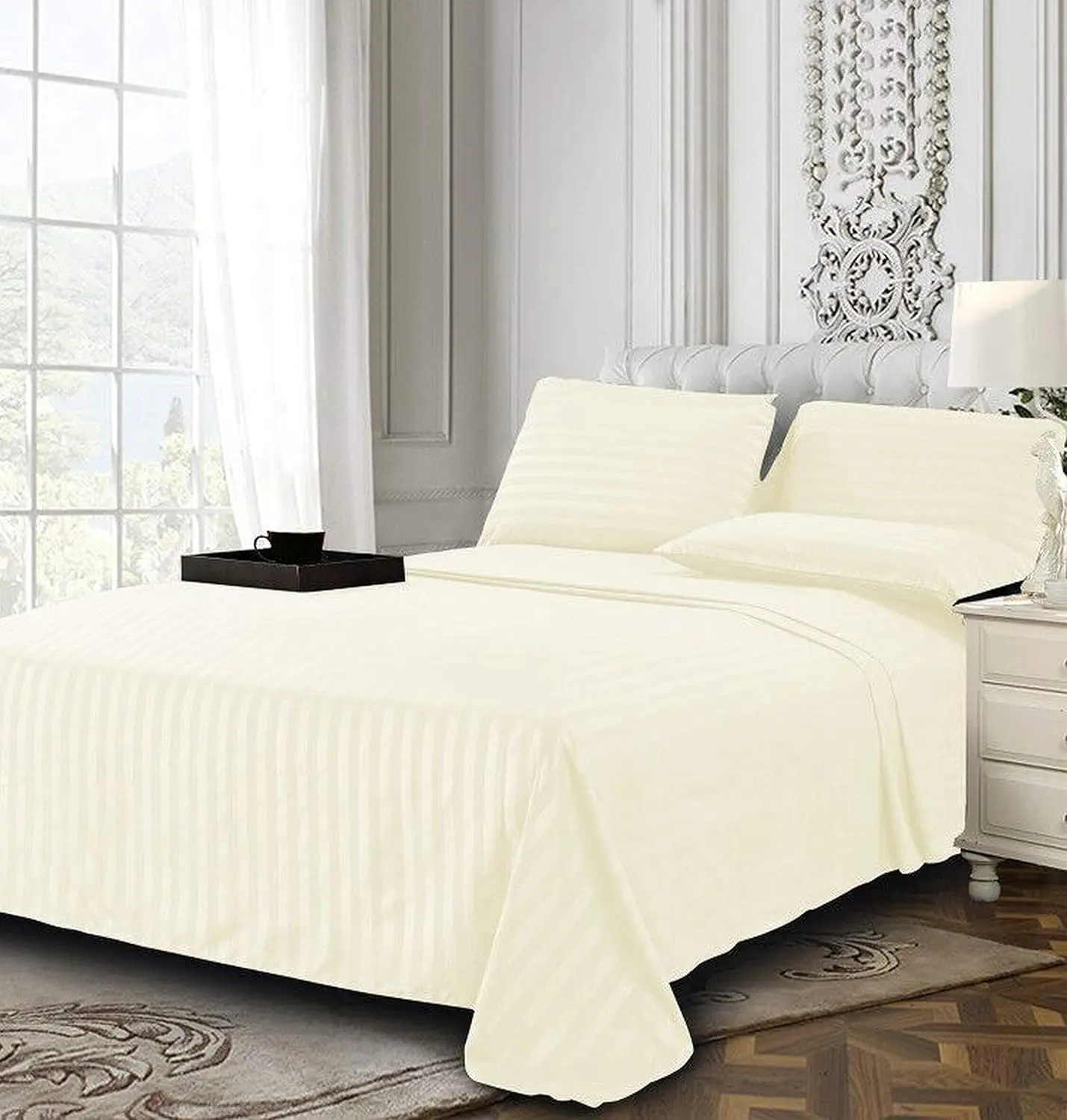 Mocassi 6-Piece Dobby Stripe Microfiber Bed Sheet Set - 1800 Thread Count, Silky Touch, Hotel Premier Collection, Hotel Style Bedding