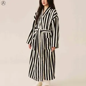 Arssm Womens Striped Fluffy Robe Long Plush Bathrobes Fuzzy Warm Cozy Thick Loungewear Maxi Robe