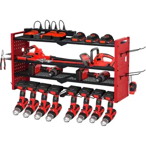 Power Tool Organizer Wall Mount with Charging Station, Heavy Duty 4-Layer Garage Rack Metal Loads 400lbs, 8 no cord Drill Storage Shelf with Hooks, Drill Bit Shelf Battery Storage for Garage