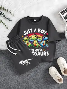 Kids Dinosaur Themed Summer Set, Cartoon Print Tee & Shorts with Dinosaur Skeleton Design, Casual Fitted Style for Boys Girls, Suits