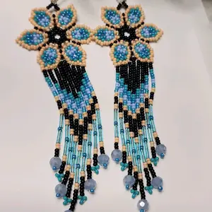 Beaut Long Beaded Earrings - Blue and Black Beaded Earrings with Fringe Design