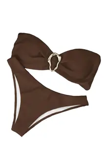 Women's Strapless Bandeau Bikini Set Brown Gold Ring Detail Colorblock Two Piece Swimsuit