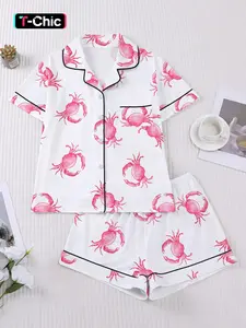 Women's 2-Piece Pajama Set, Pyjamas, Crab Print, Casual Fitted Style, Comfortable Short Sleeve Top & Elastic Shorts, Home Wear, Gift Idea