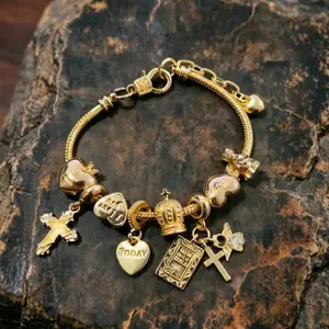 Vintage Gold Luminous Cross & Bible Heart Charm Bracelet, Adjustable Crown Pendant Bangle for Men Women