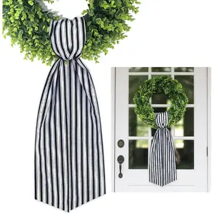 Wreath Sash for Front Door Boxwood Wreath Sash Accessories for Indoor Outdoor Decor, 5.1'' x 59''(Black and White Stripe)